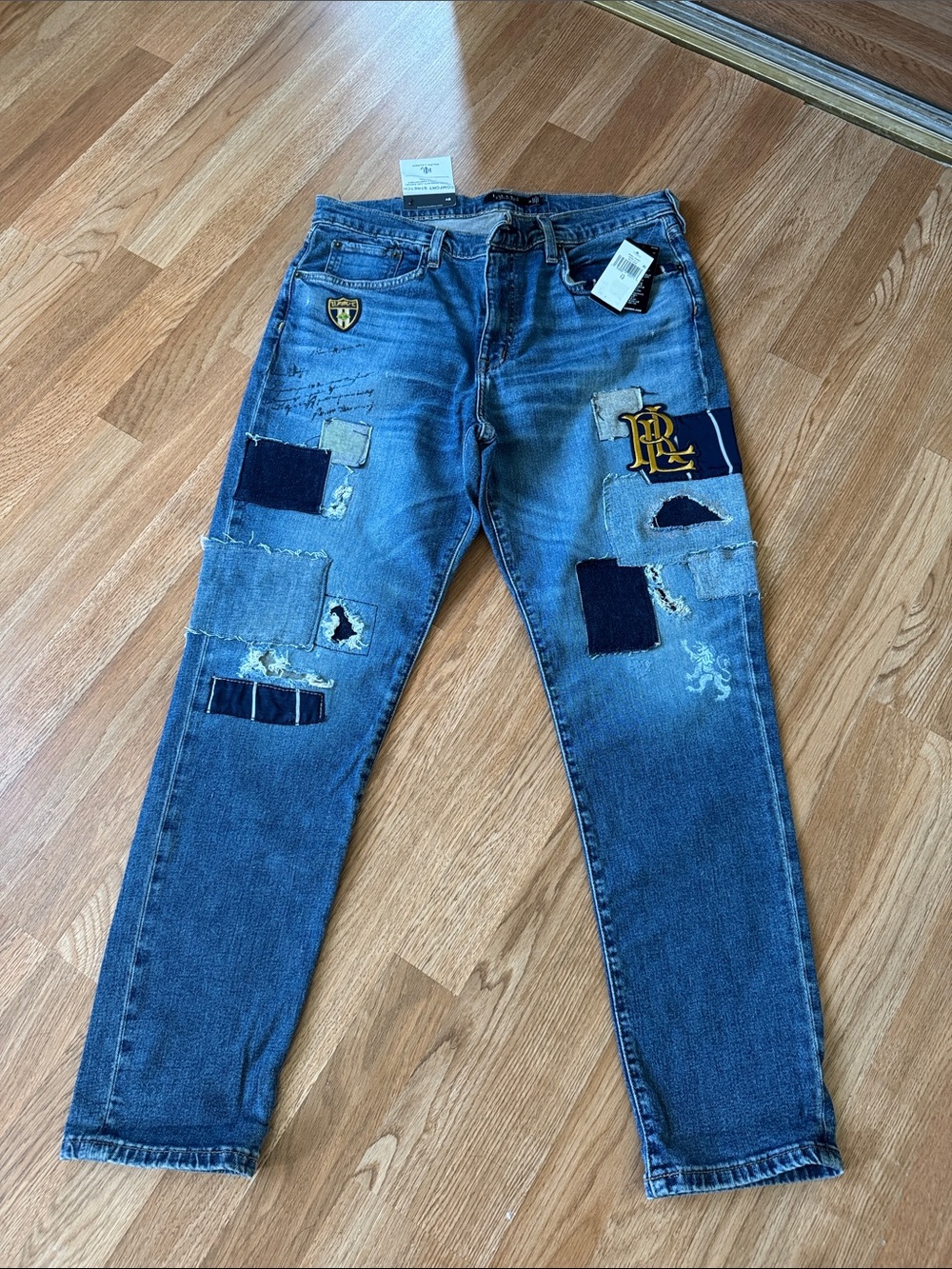 Blue Patchwork Distressed women Jeans with Logo ,size 12